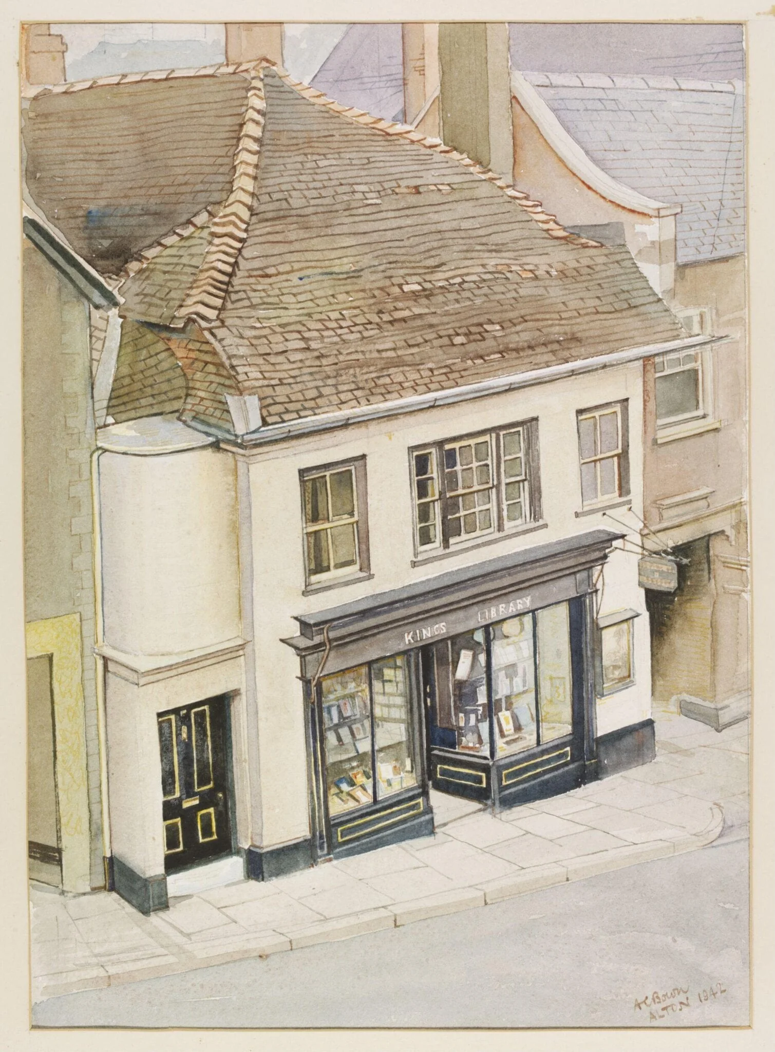 Kings Library, High Street, Alton, by A. C. Bown, watercolor, 1942