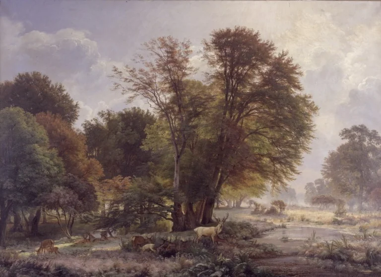 Efterårsmorgen i Jægersborg Dyrehave, by Carl Frederik Aagaard, oil, 1866
