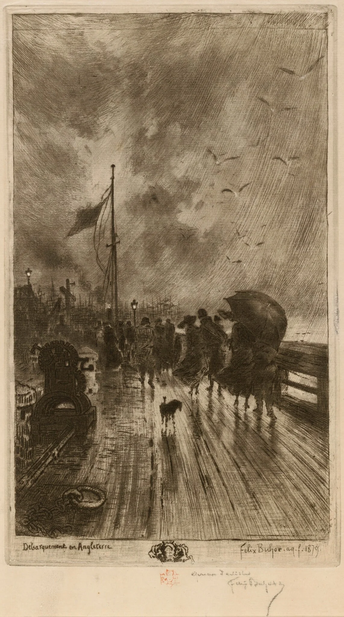 Un Débarquement en Angleterre, by Félix-Hilaire Buhot, ink, 1879