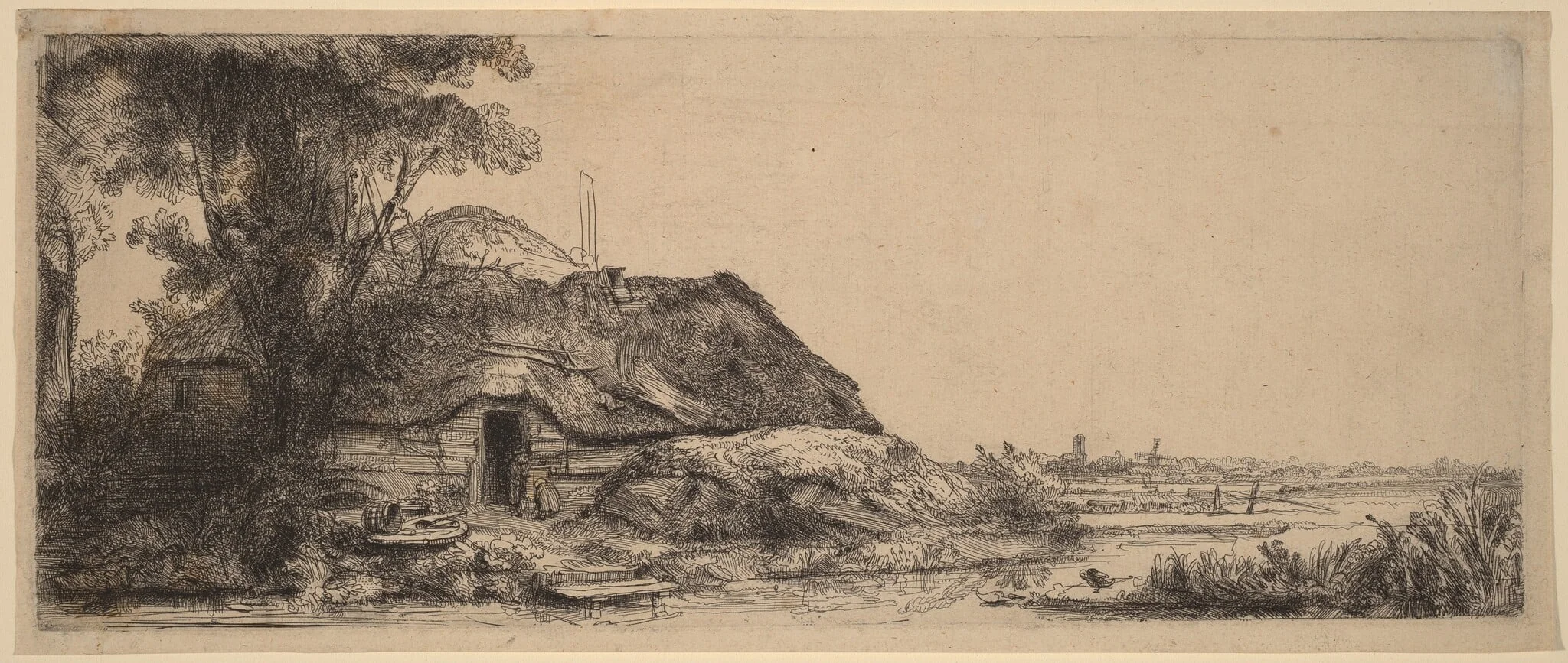 Landscape with a Cottage and a Large Tree, by Rembrandt, ink, 1641