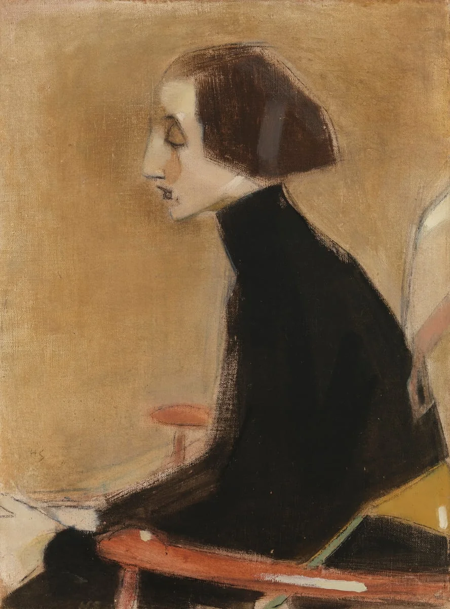 Ompelijatar, puolivartalokuva (Työläisnainen), by Helene Schjerfbeck, unspecified
