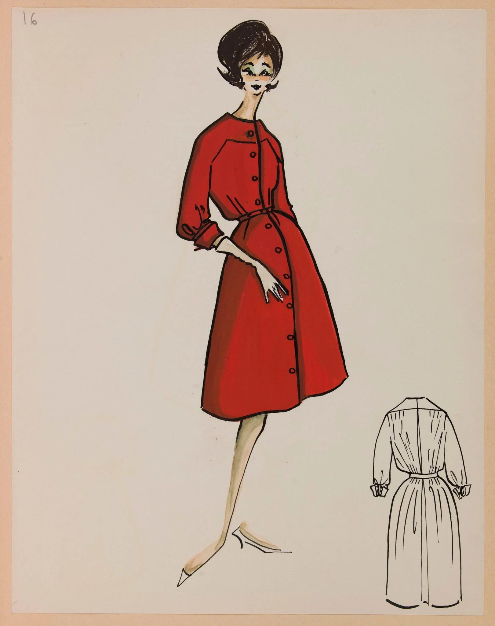 Manteau cintré à boutonnage vermillon, by Carven, 1959