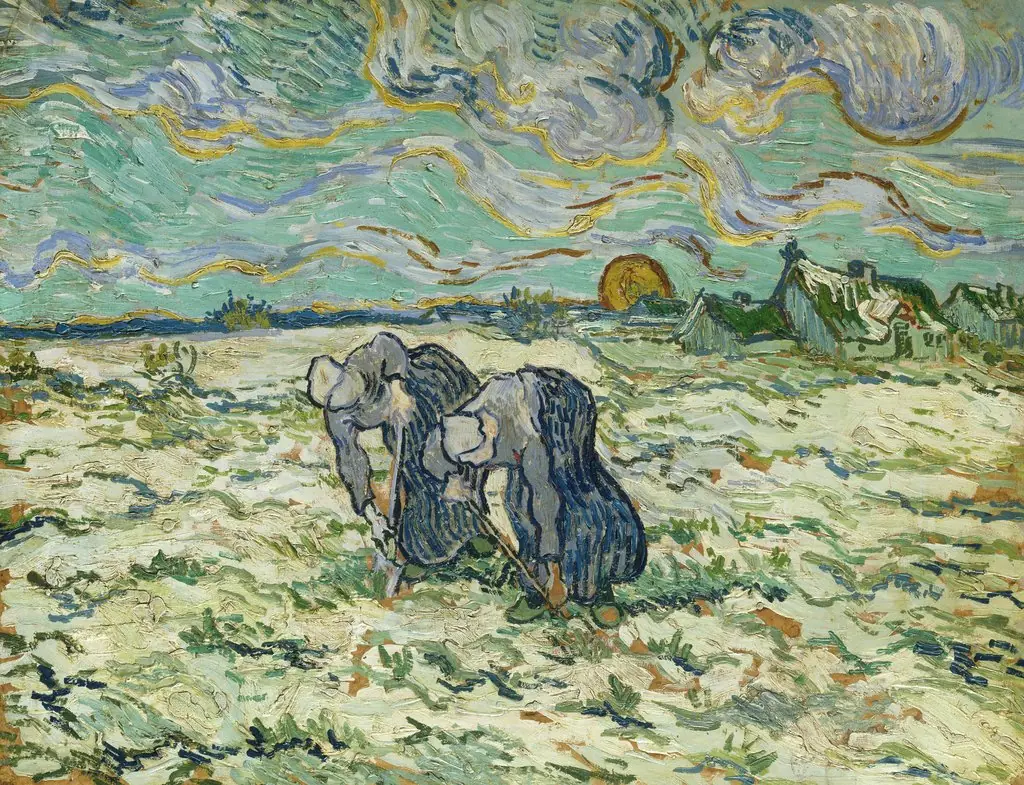 Two Peasant Women Digging in Field with Snow