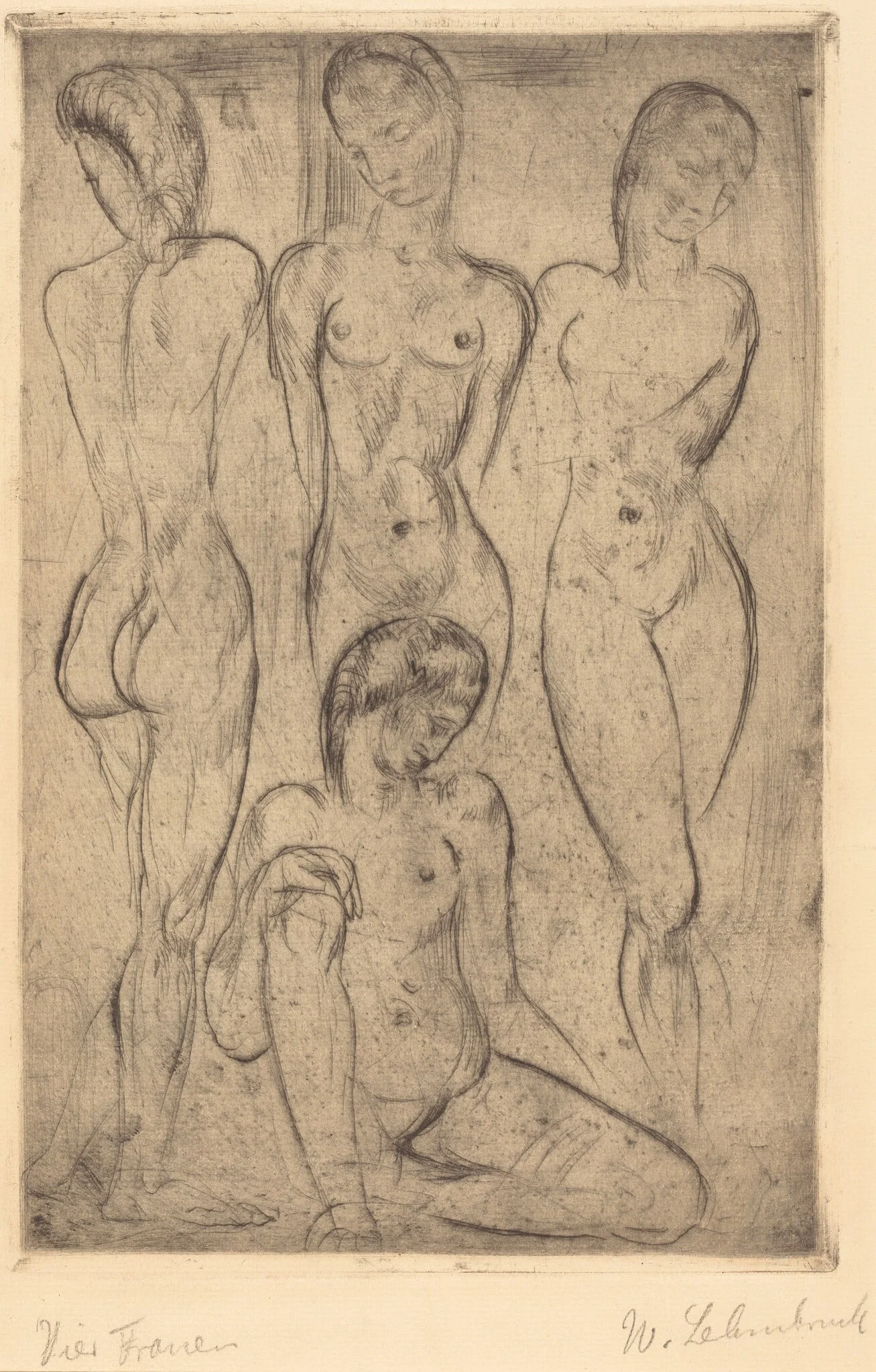 Four Women; Three Standing, One Sitting (VierFrauen; drei stehend, eine sitzend), by Wilhelm Lehmbruck, ink, 1913