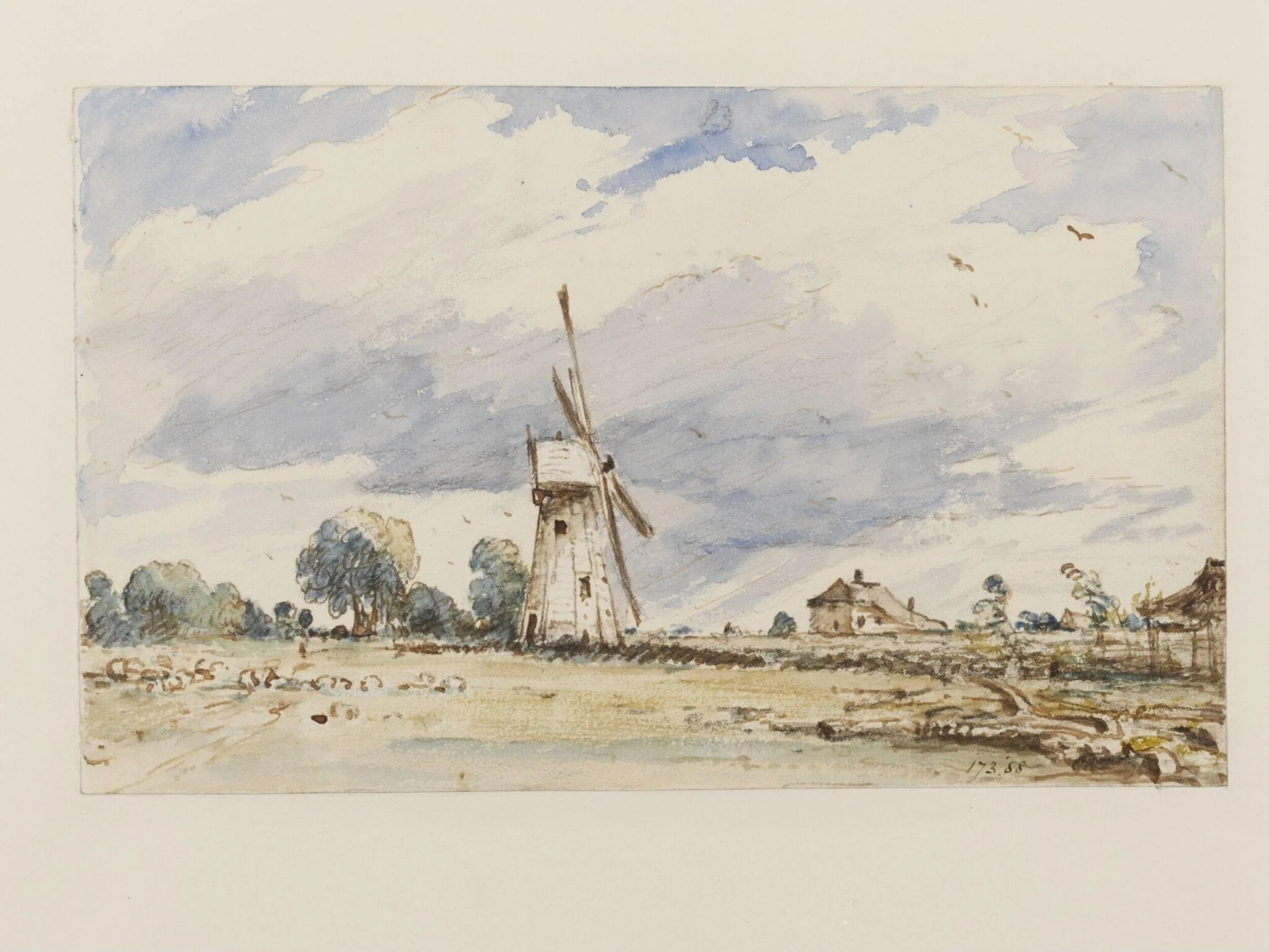 A windmill and a flock of sheep