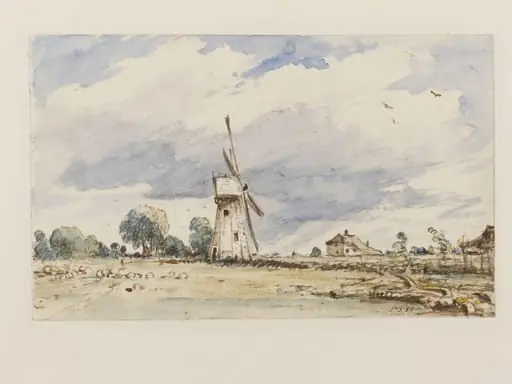 A windmill and a flock of sheep