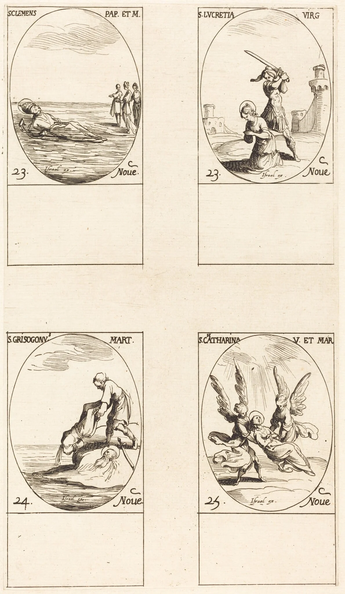 St. Clement; St. Lucretia; St. Chrysogonus; St. Catharine, by Jacques Callot, ink, 1634