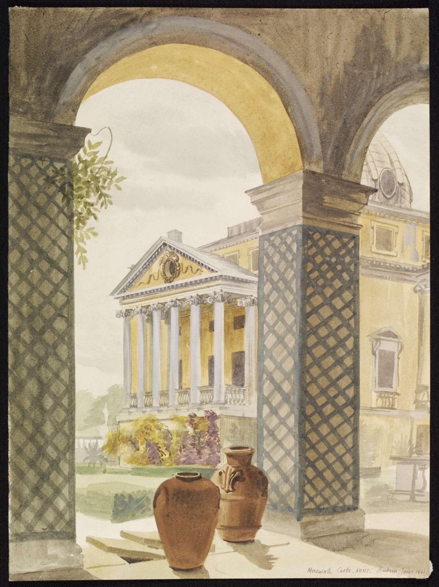 Mereworth Castle; one of the porticoes from the Orangery, by Barbara Jones, watercolor, 1941