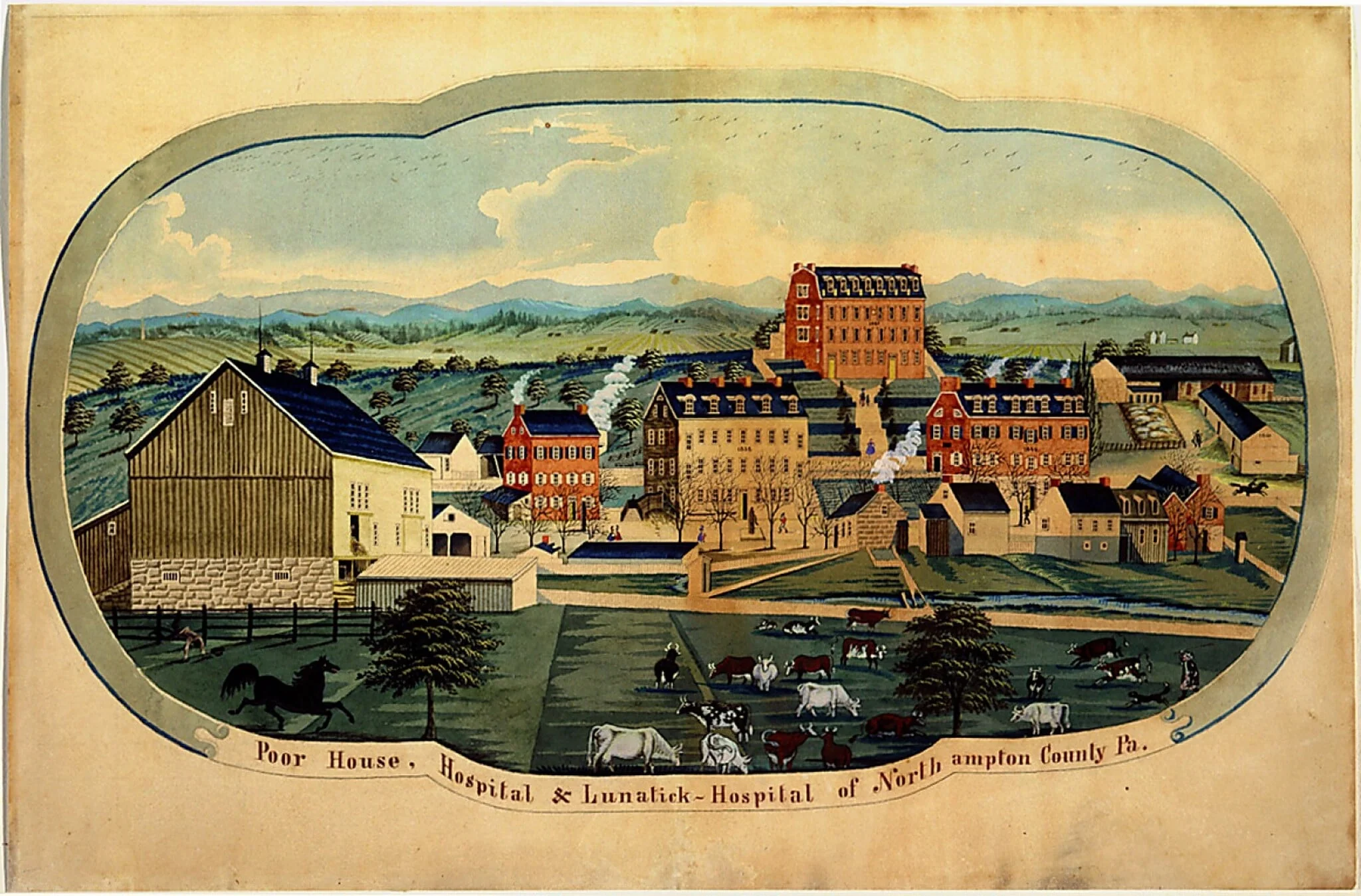 Poor House, Hospital & Lunatick-Hospital of Northampton County, Pa., by Charles C. Hofmann, watercolor, 1865