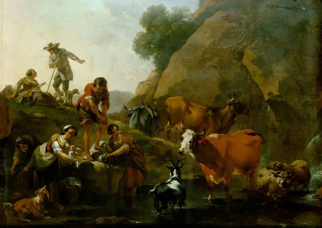 Cow herds and washing women near the water