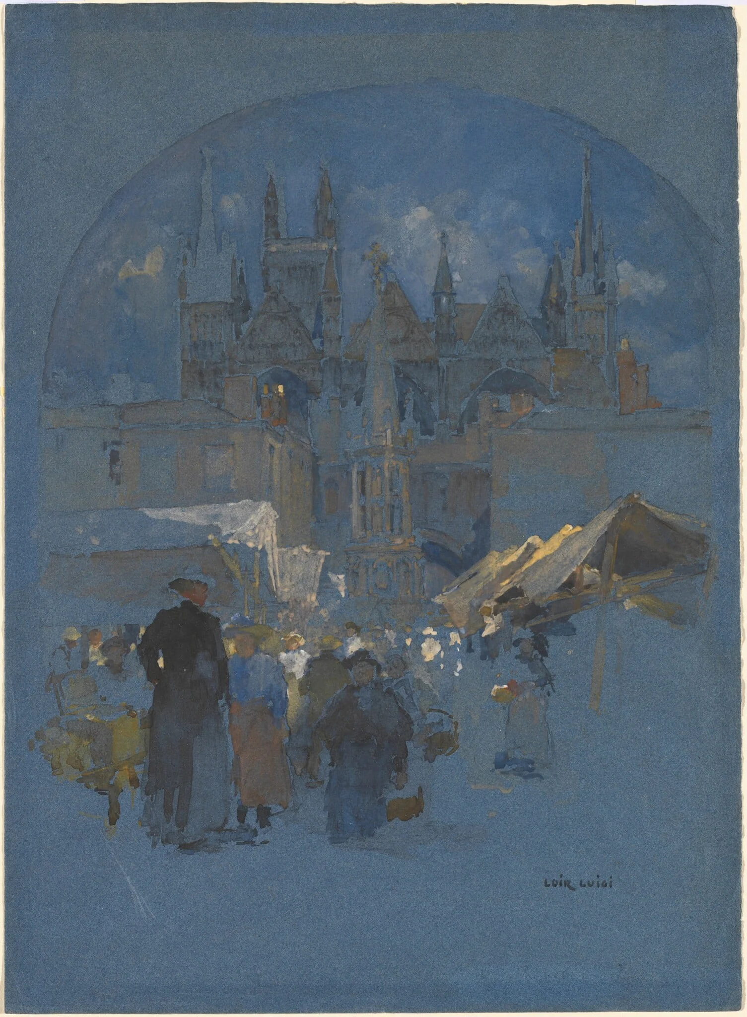 A Market Square before a Cathedral, by Luigi Aloys Francois Joseph Loir, gouache, 1880