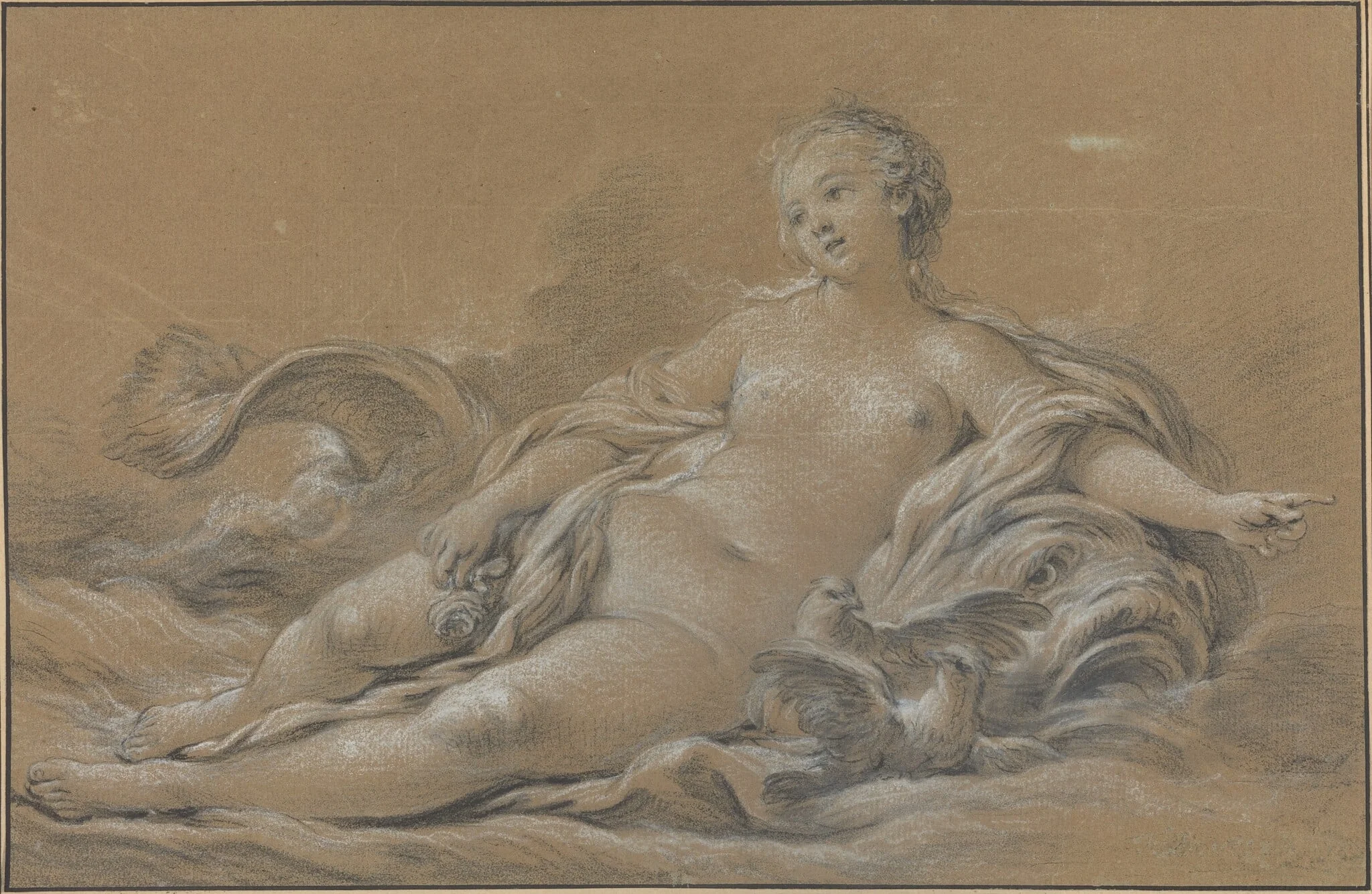 Venus Reclining on a Dolphin, by François Boucher, chalk, 1745