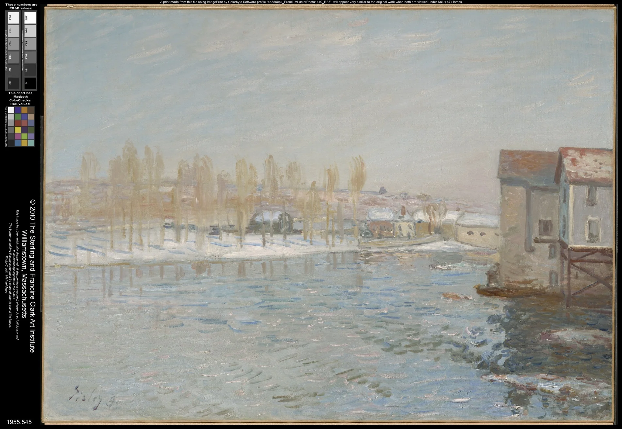 The Loing and the Mills of Moret, Snow Effect, by Alfred Sisley, oil, 1896