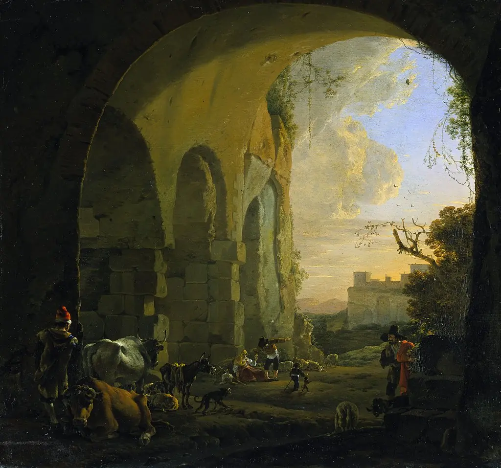 Drovers with cattle under an arch of the Colosseum in Rome