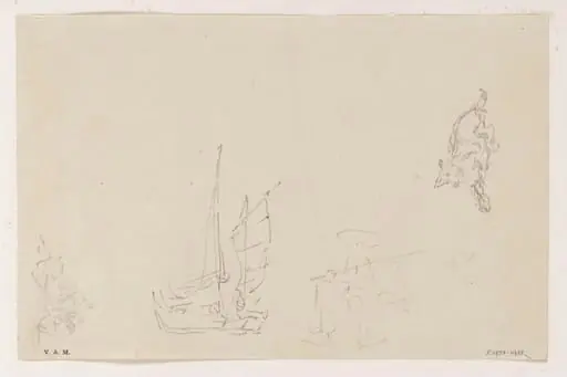 Sketches of boats, a figure and a dog