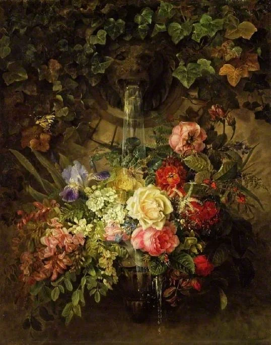 Flowers under a lion-mask fountain, by Augusta Wilhelmine Reichelt, oil, 1883