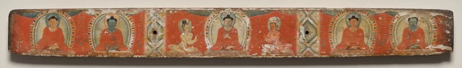 Ratnasambhava, Akshobhya, Vairochana with attendants, Amitabha, and Amoghasiddhi, Top cover, from a Manuscript of the Perfection of Wisdom in Eight Thousand Lines (Ashtasahasrika Prajnaparamita-sutra), by Unknown, unspecified, 14