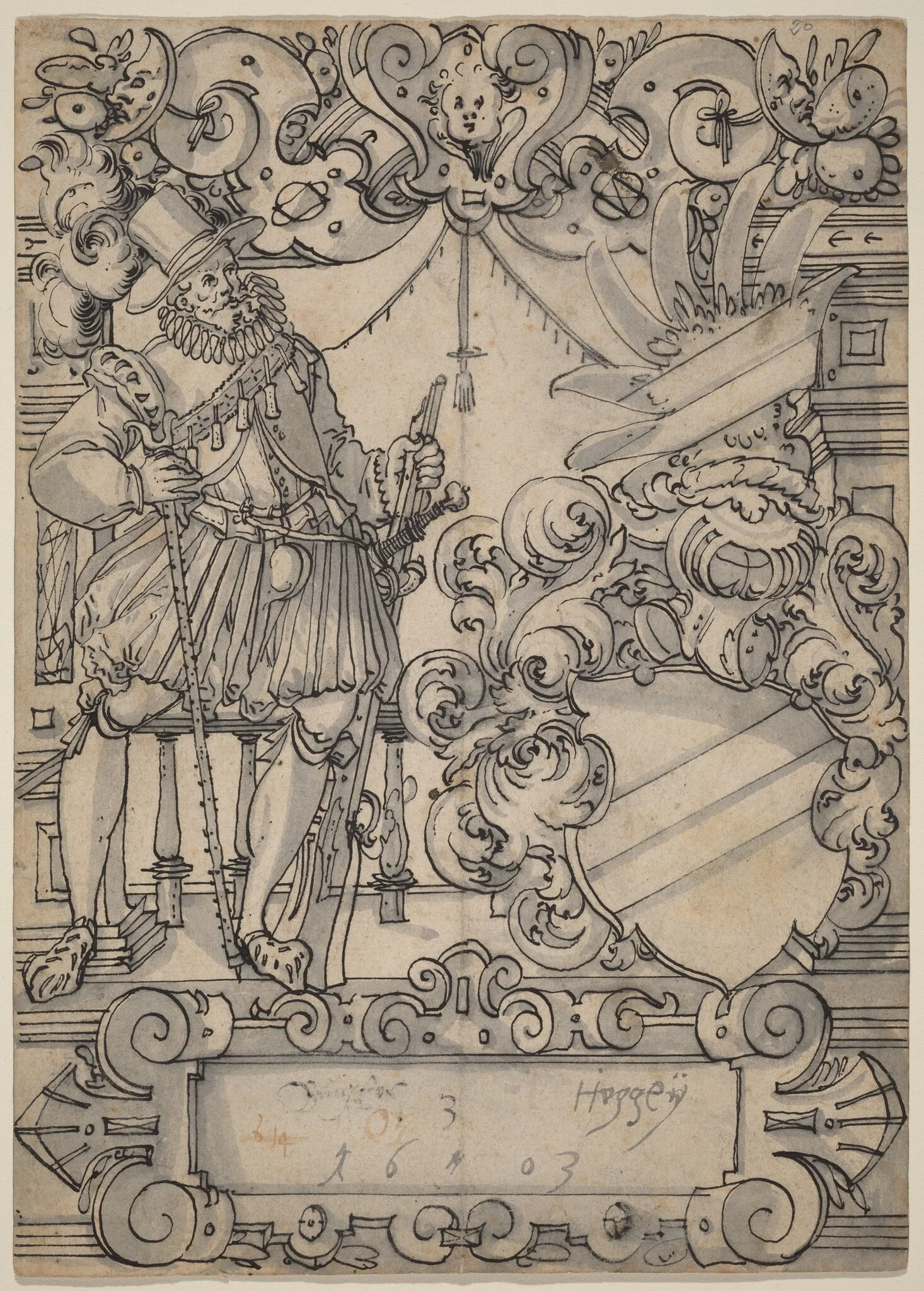 A Donor with a Coat of Arms (Schildbegleiter und Wappenschild mit Schrägbalken), by Hans II Jegli, ink, 1603