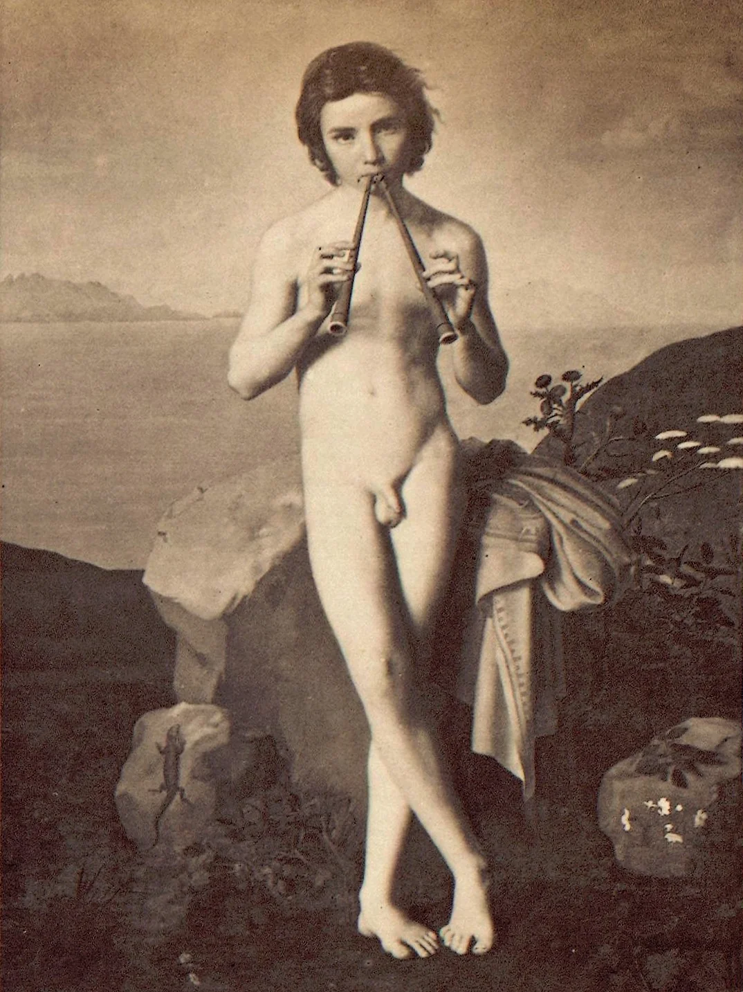 A young flute player by the sea, by Jean-Baptiste Poncet, oil, 1861
