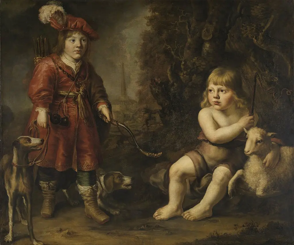 Portraits of two boys in a landscape, one dressed as a hunter, the other as St. John the Baptist