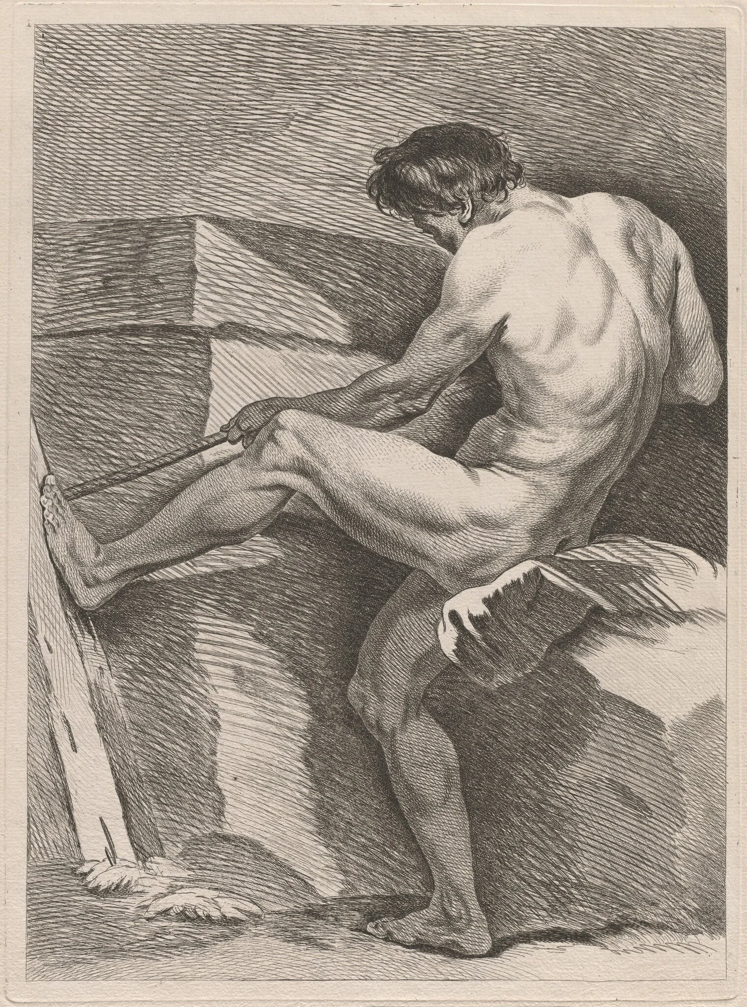 Man Pulling a Rope, His Foot Braced, by Carle Van Loo, ink, 1743