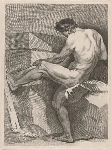 Man Pulling a Rope, His Foot Braced