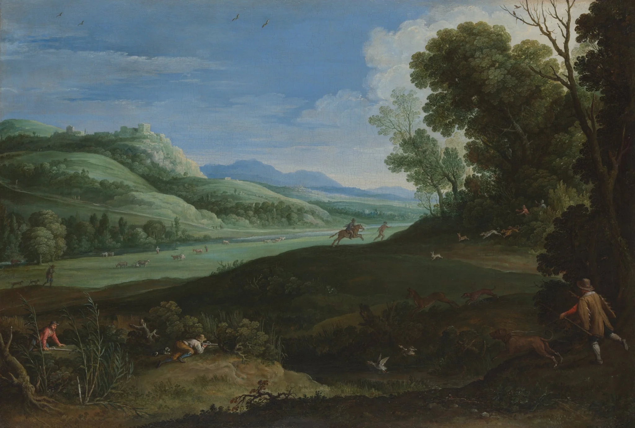 Landscape with Hunters, by Paul Bril, oil, 1619