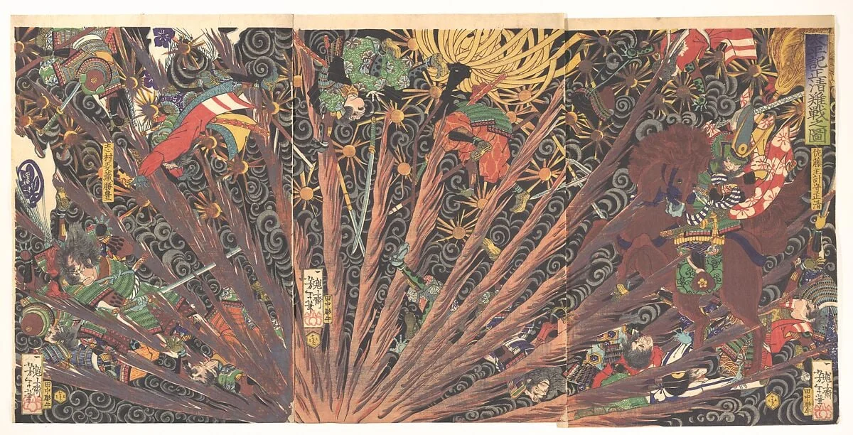 太平記正清難戦之図|Masakiyo's Challenging Battle, from the series Taiheiki (Taiheiki, Masakiyo nansen no zu), by Yoshitoshi, ink, 1866