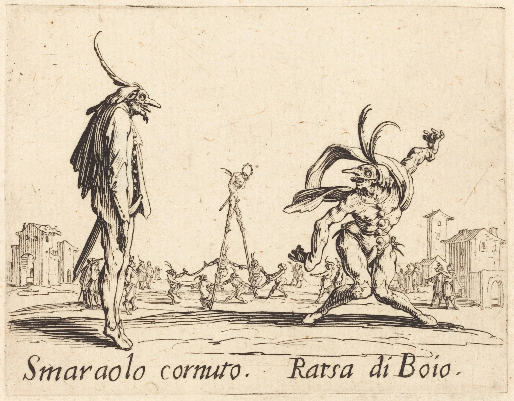 Smaralo Cornuto and Ratsa di Boio, by Jacques Callot, ink, 1622