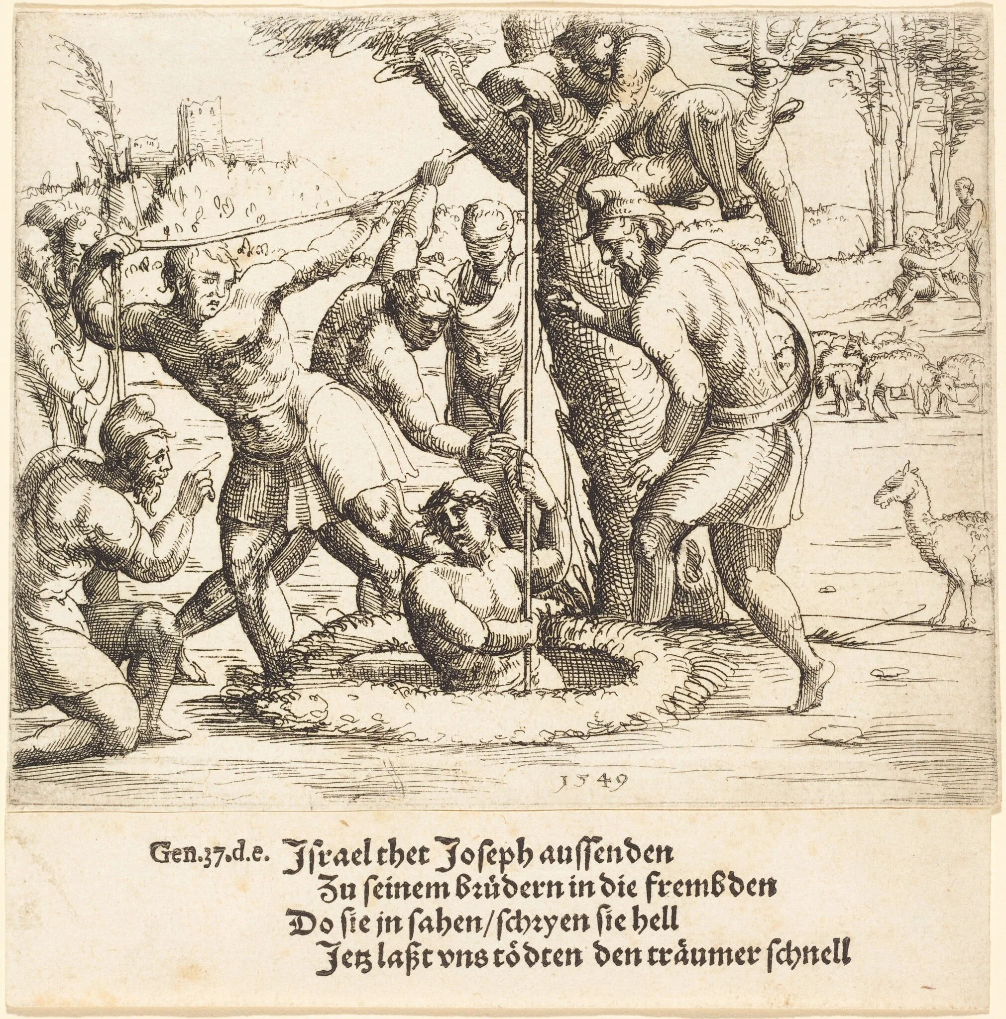 Joseph Thrown into the Well, by Augustin Hirschvogel, ink, 1549