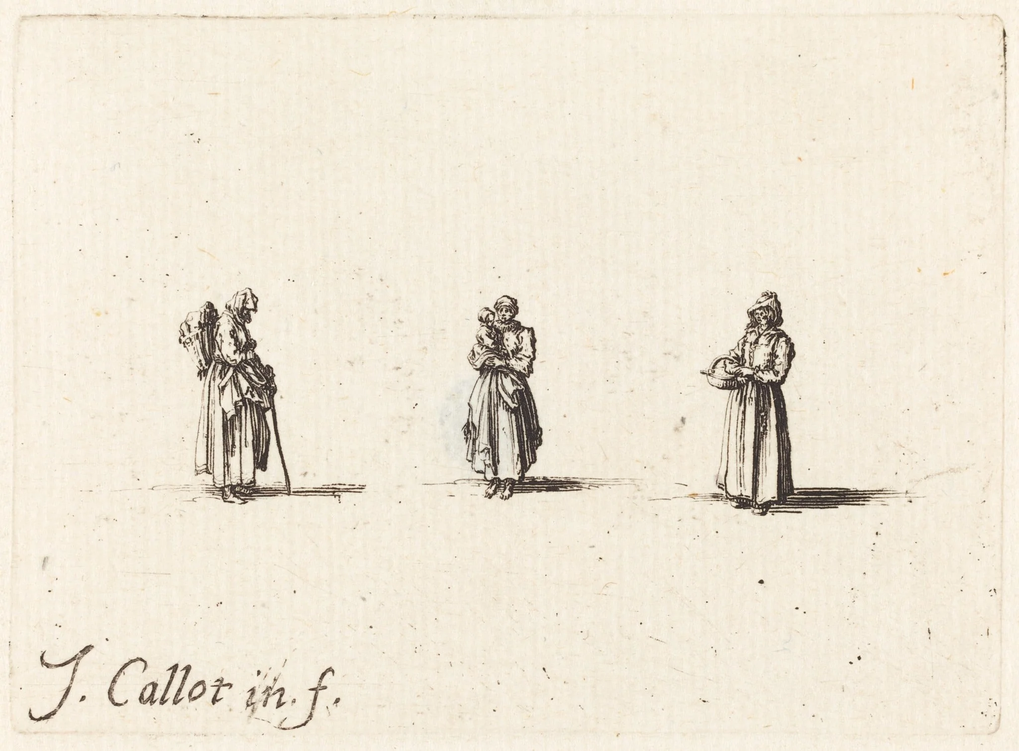 Three Women, One Holding a Child, by Jacques Callot, ink, 1634