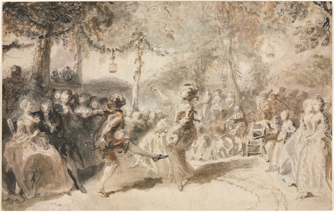Costumed Dancers Performing in a Garden Tavern, by Gabriel de Saint-Aubin, 1756
