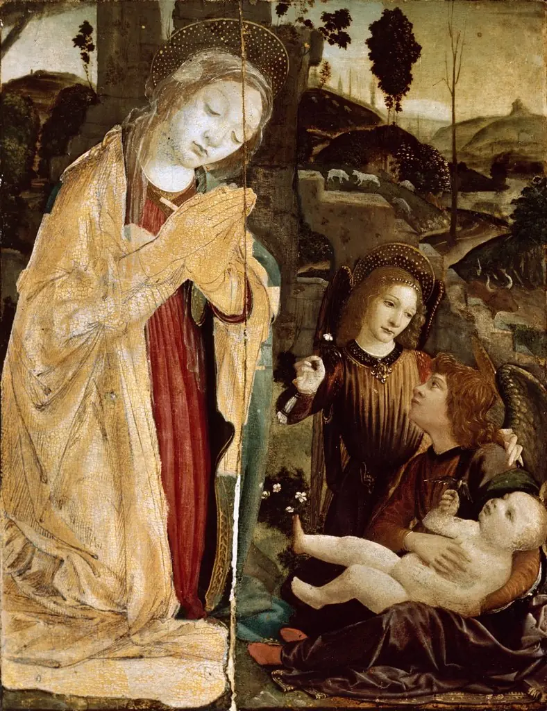 Madonna with two Angels Adoring the Christ Child in a landscape