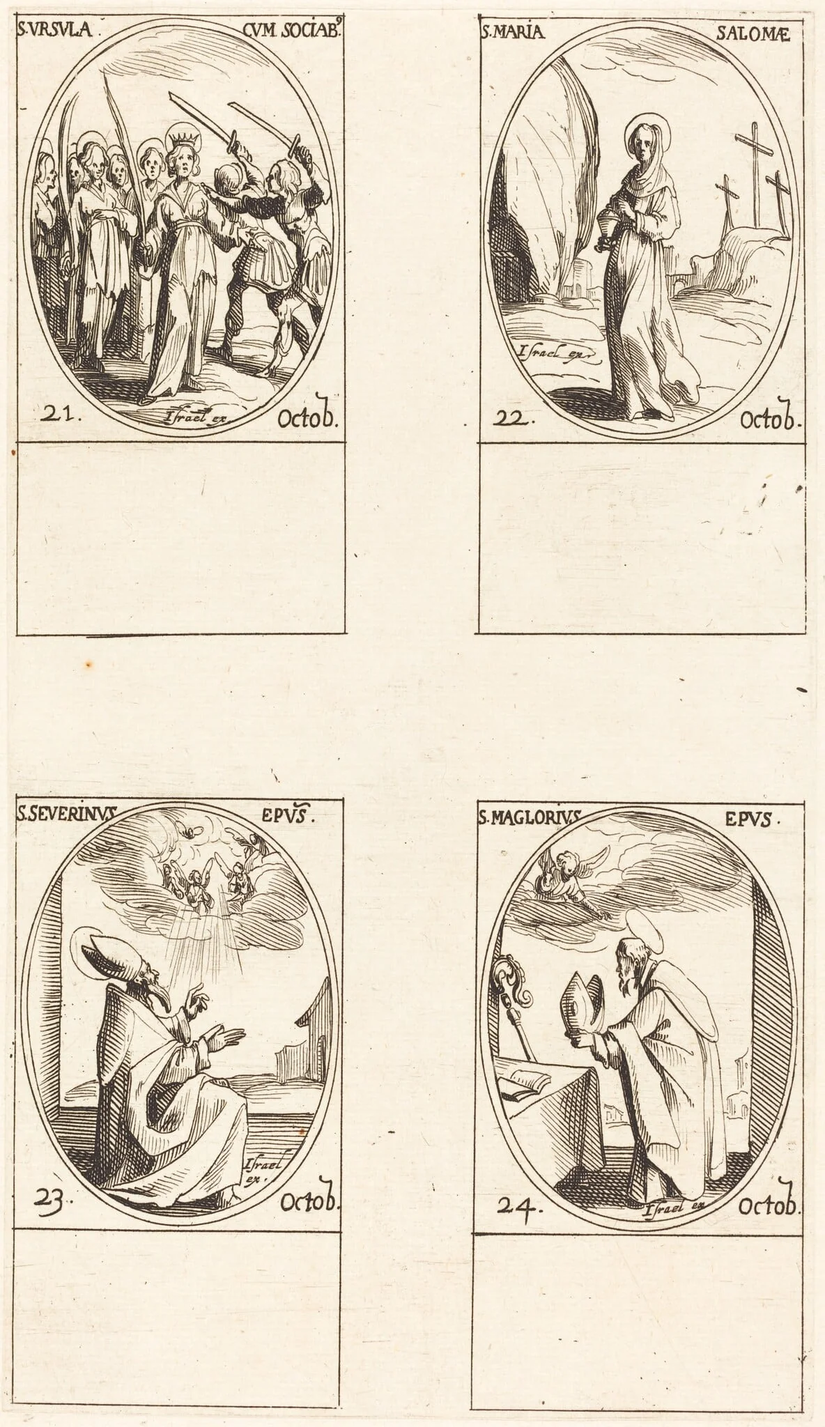 St. Ursula and Companions; St. Mary Salome; St. Severinus; St. Maglorius, by Jacques Callot, ink, 1634