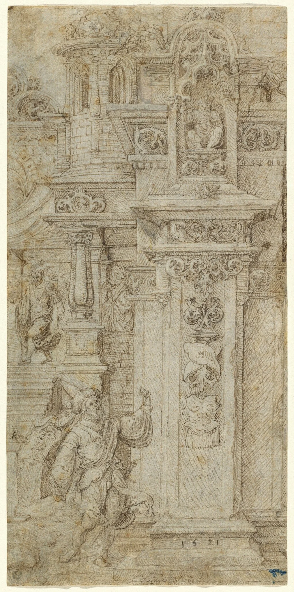 Two Kings and a Woman Leaving an Elaborate Palace, by Jan Gossaert, ink, 1506