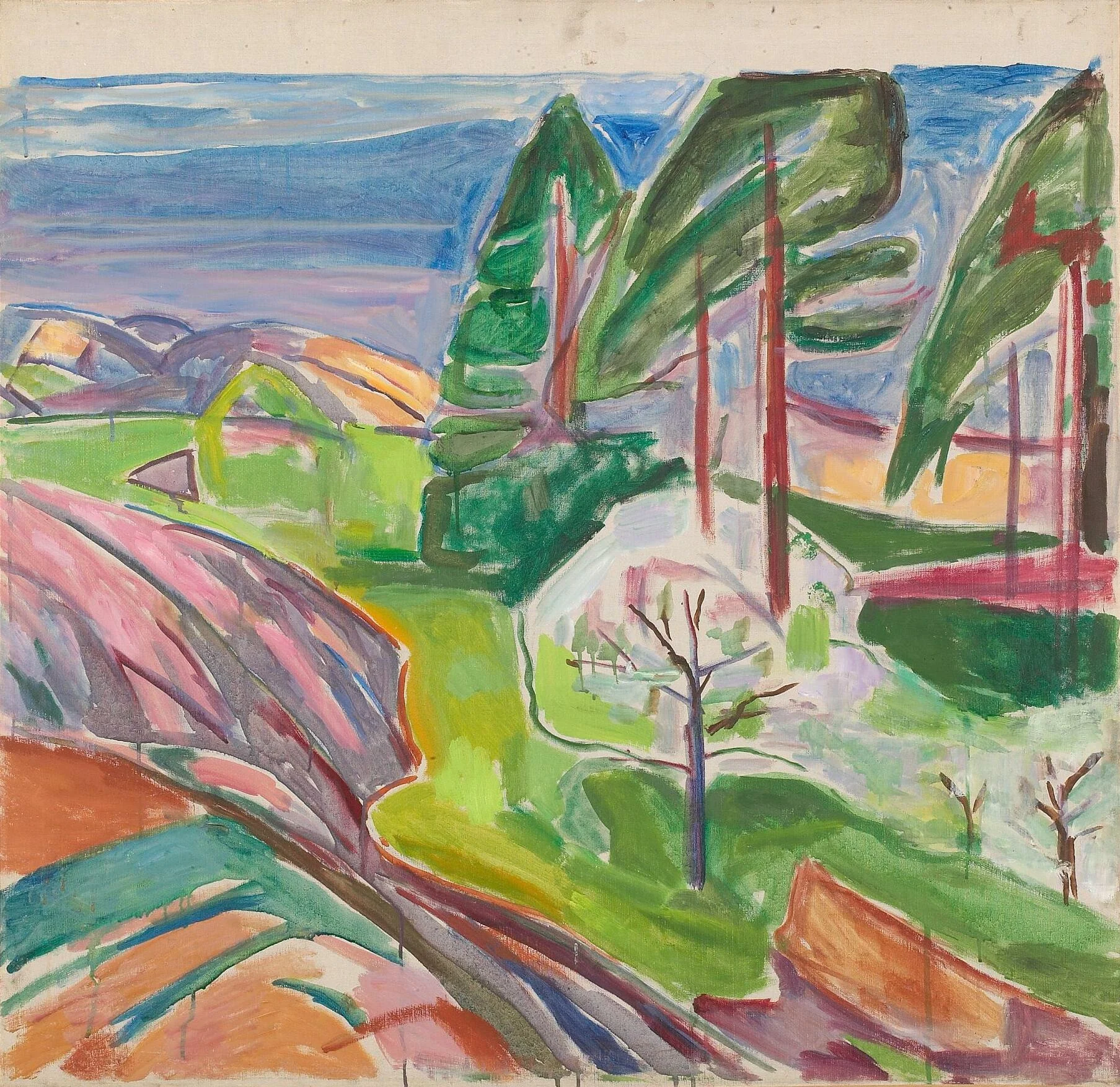 Pine Trees and Fruit Trees in Blossom