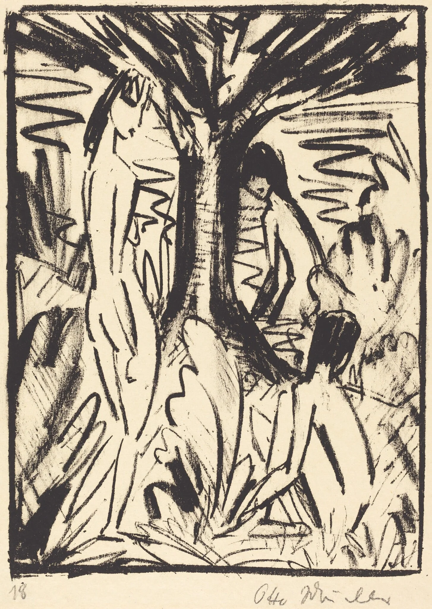 Standing, Sitting, and Bathing Girls near a Tree (Stehende, sitzendes und badendes Madchen am Baum)