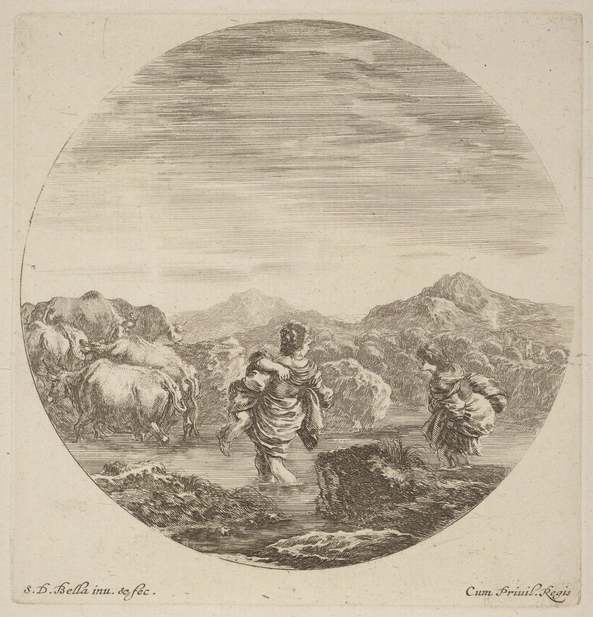 Two Women Fording a Creek with a Herd of Cows, by Stefano Della Bella, ink, 1637