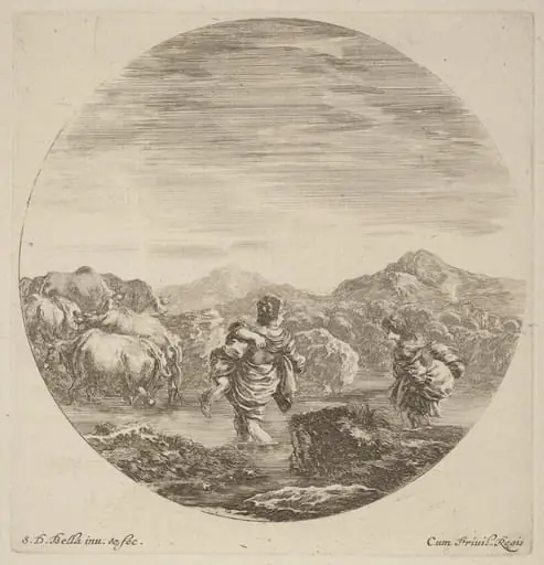 Two Women Fording a Creek with a Herd of Cows