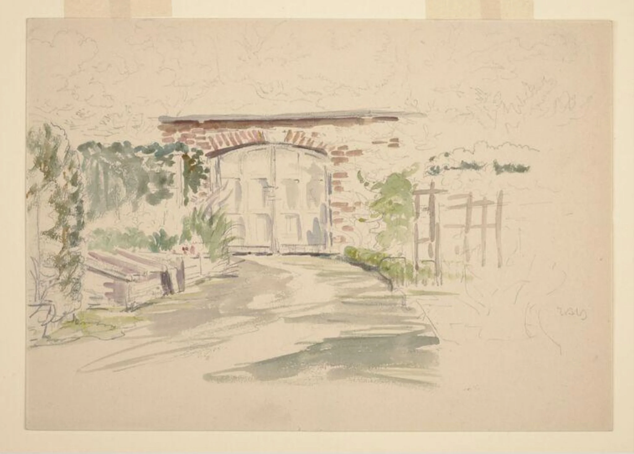 Sketch of a path and gate in the garden at Gwaynynog, by Beatrix Potter, watercolor, 1909