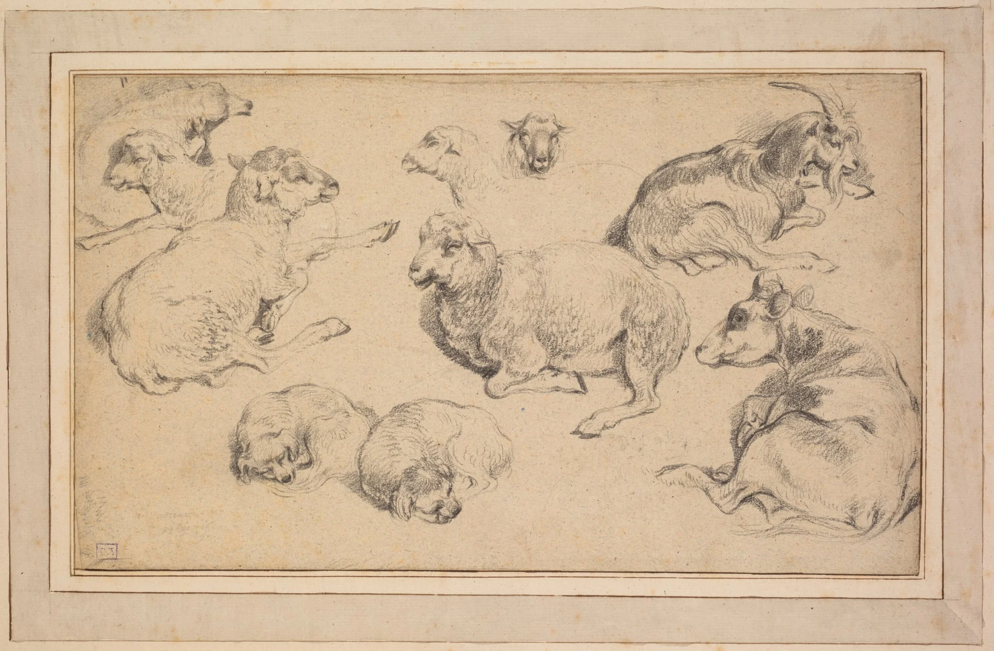 Sheet of Studies with Sheep, Goats, and Dogs, by Jean-Baptiste Huet, 1780