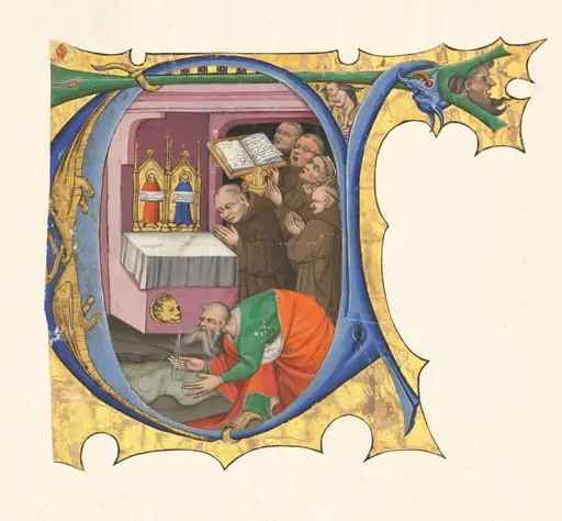 Initial T with a group of Benedictine monks singing before an altar from which issues water