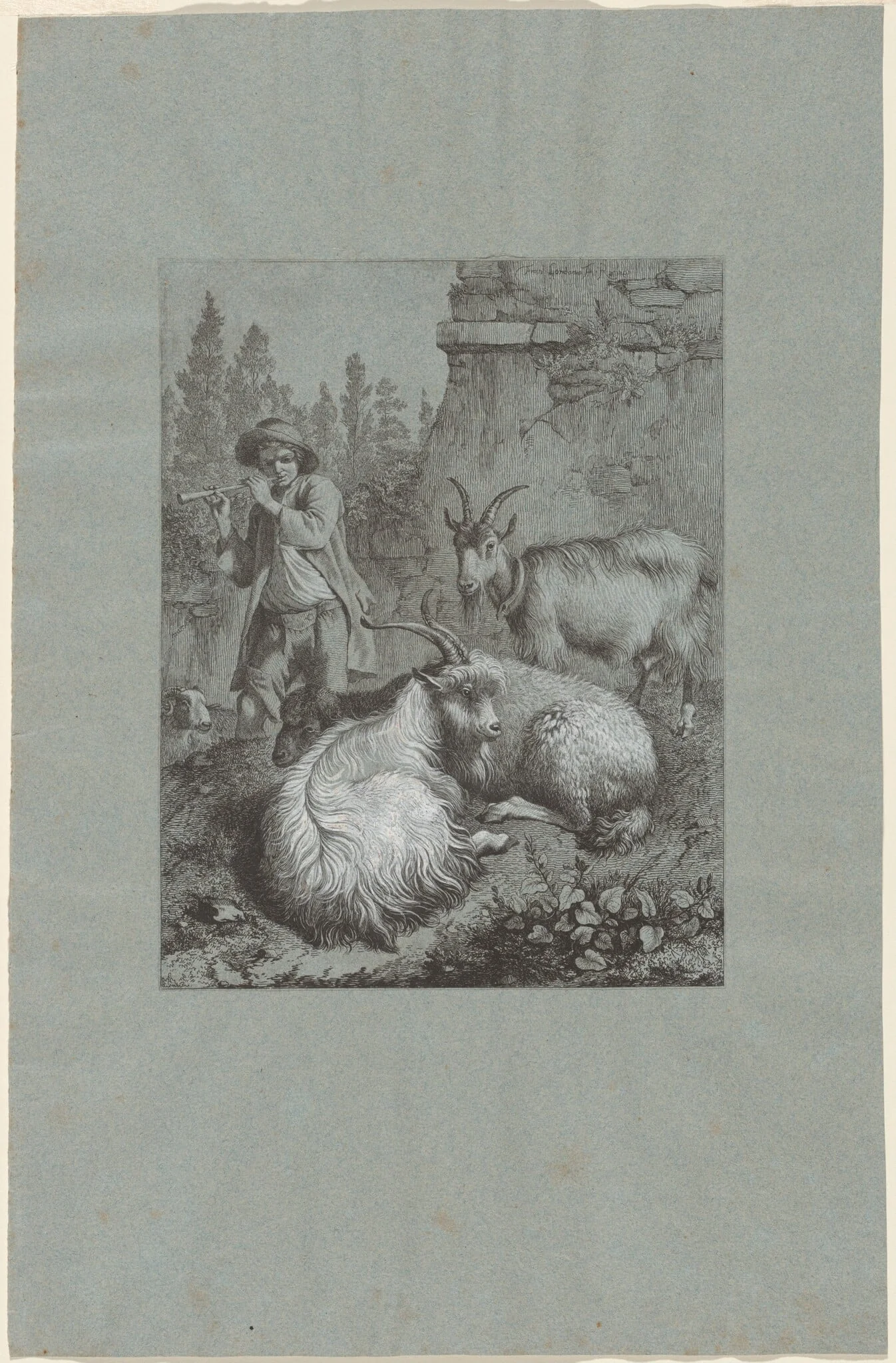 Shepherd Playing a Flute with Goats, by Francesco Londonio, ink, 1764