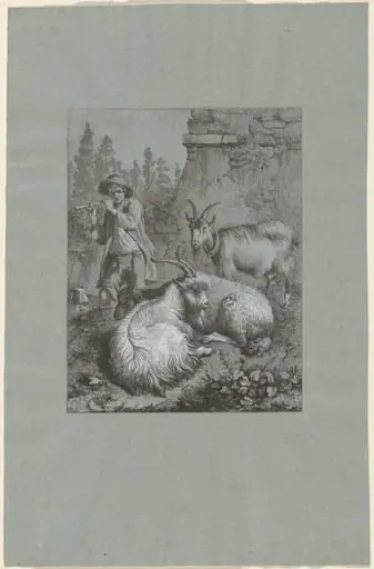 Shepherd Playing a Flute with Goats