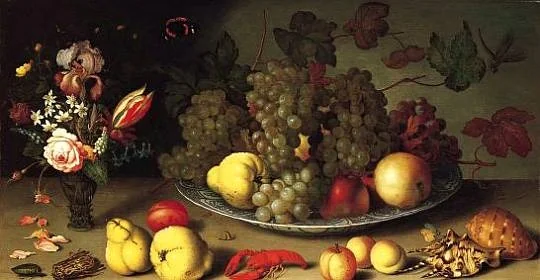 Still Life with Fruits and Flowers, by Balthasar van der Ast, oil, 1630