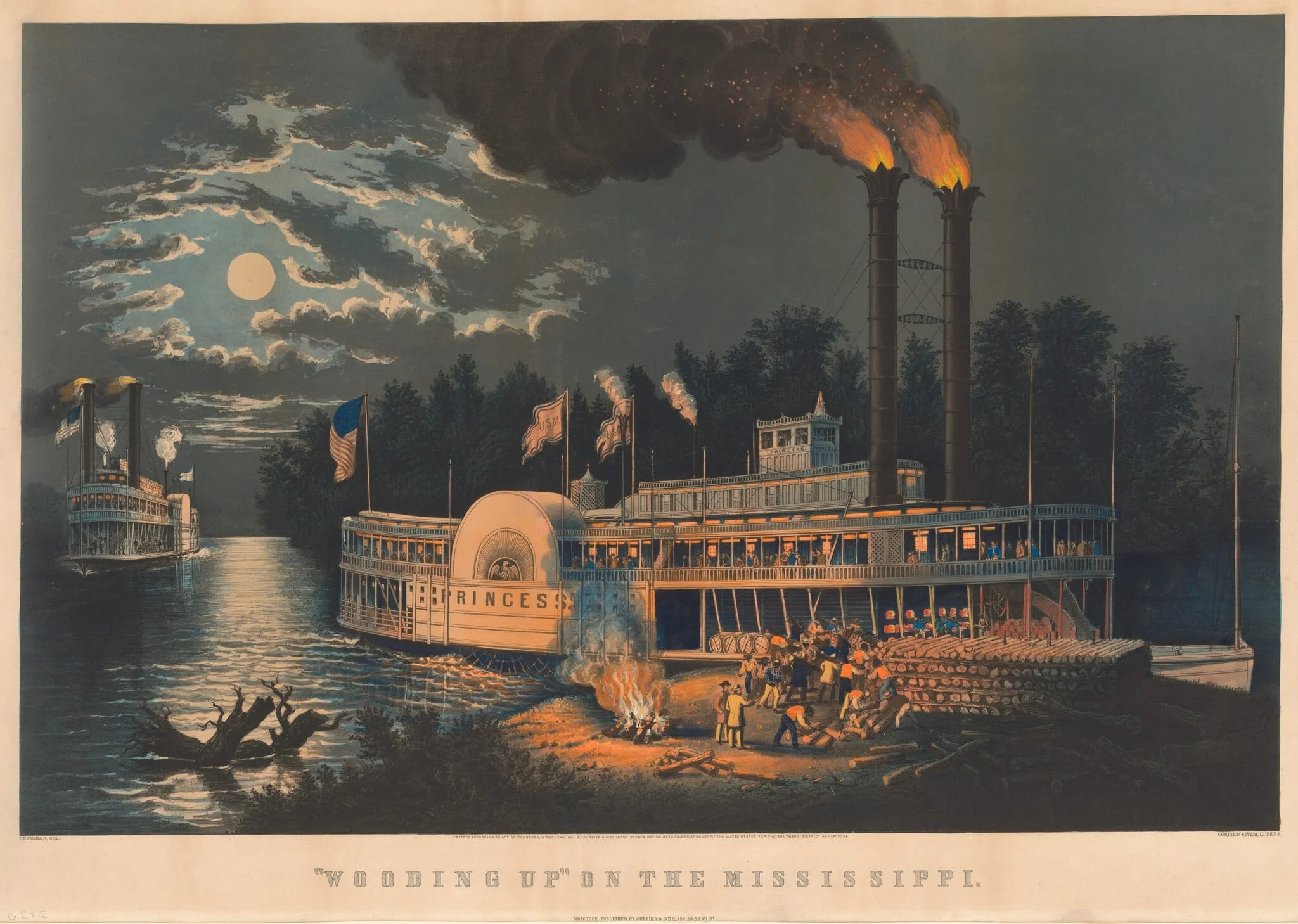 "Wooding Up" on the Mississippi, by Frances Flora Bond Palmer, ink, 1863