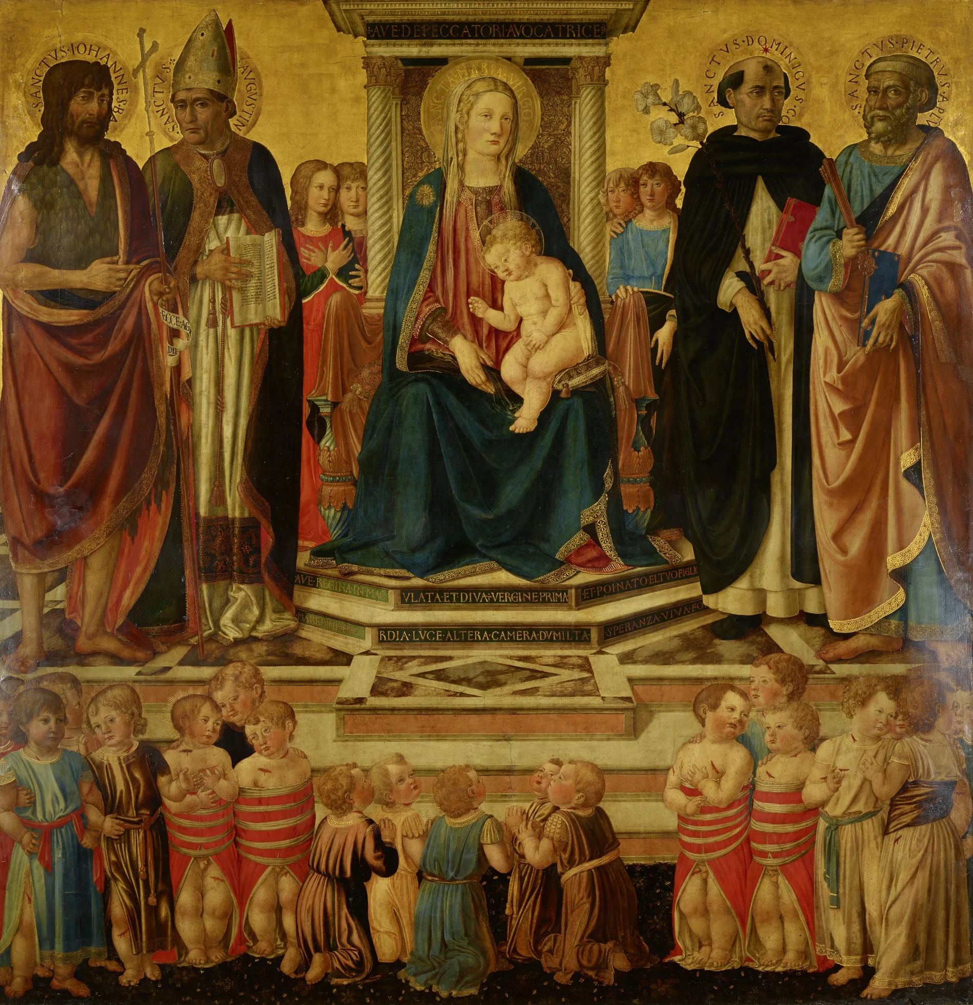 The Virgin and Blessing Child Enthroned with Sts. John, Augustine, Dominic, Peter and Victims of the bethemitic Child Murder, by Cosimo Rosselli, paint, 1475