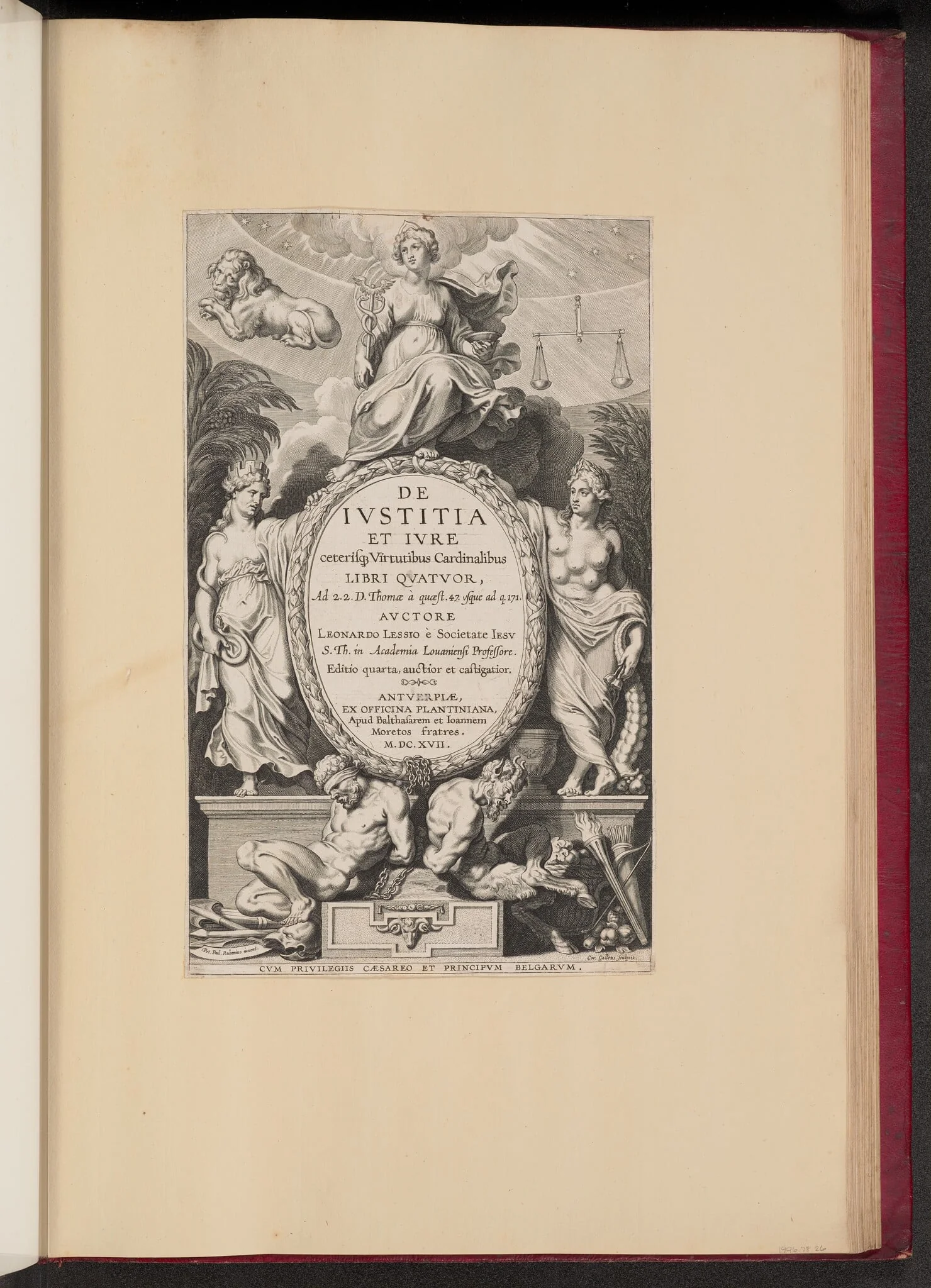 Title Page for Leonard Lessius, De Ivstitia et Ivre..., by Cornelis Galle I, ink, 1617