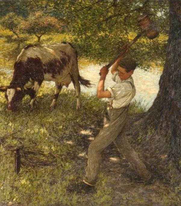 Stumping the Cow, by Henry Herbert La Thangue, oil, 1904