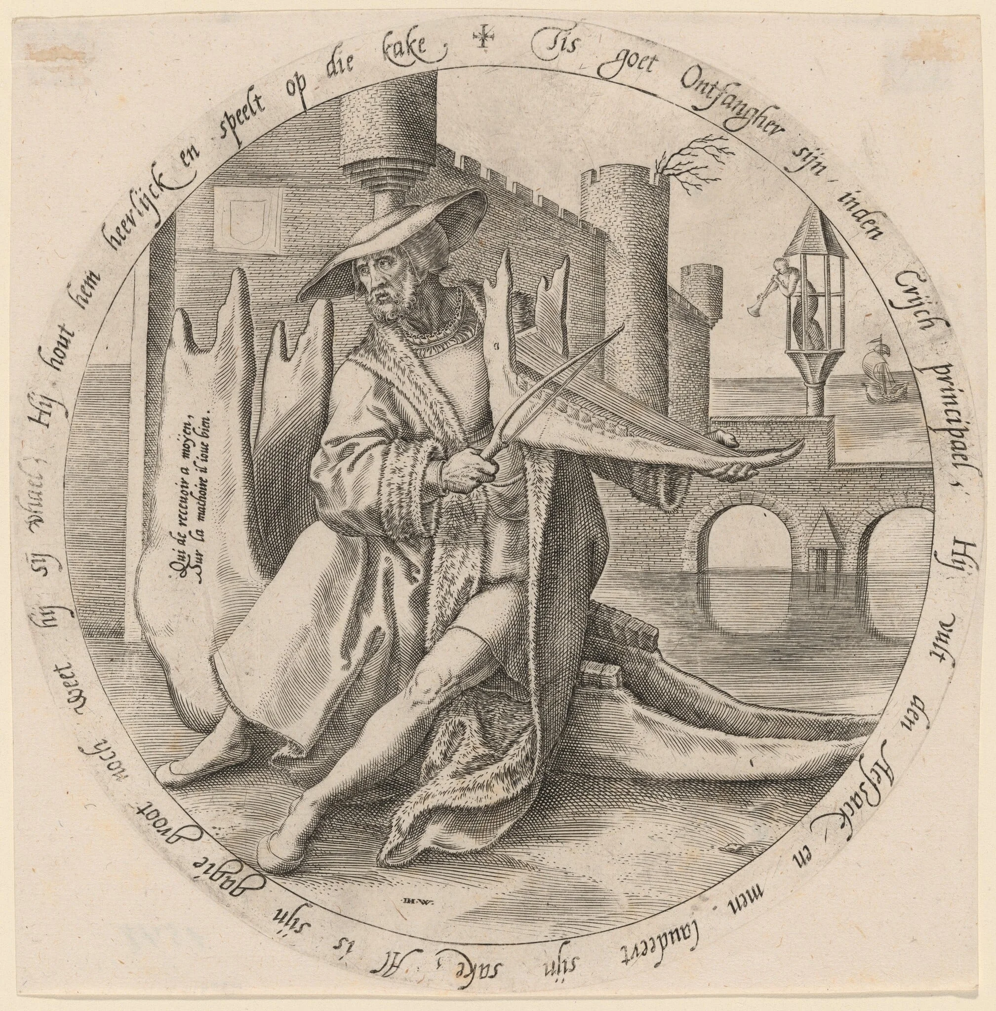 The Rich Man Playing Violin on a Jaw Bone, by Johan Wierix, ink, 1568